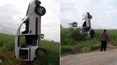 Feke’de şarampole uçan araç dik durdu